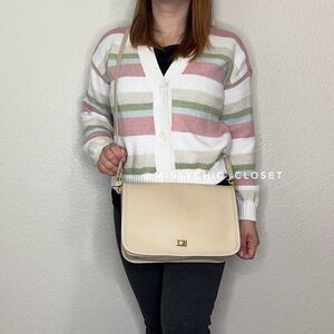 Anne Shaughnessy Genuine Leather Beige Twist Lock Crossbody Bag